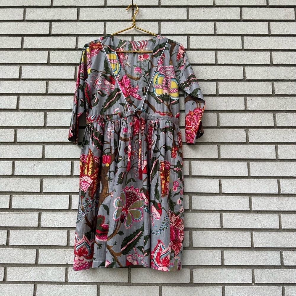 Handmade Cotton Block Print Floral Dress Gray Pink Tassel Tie Boho S India